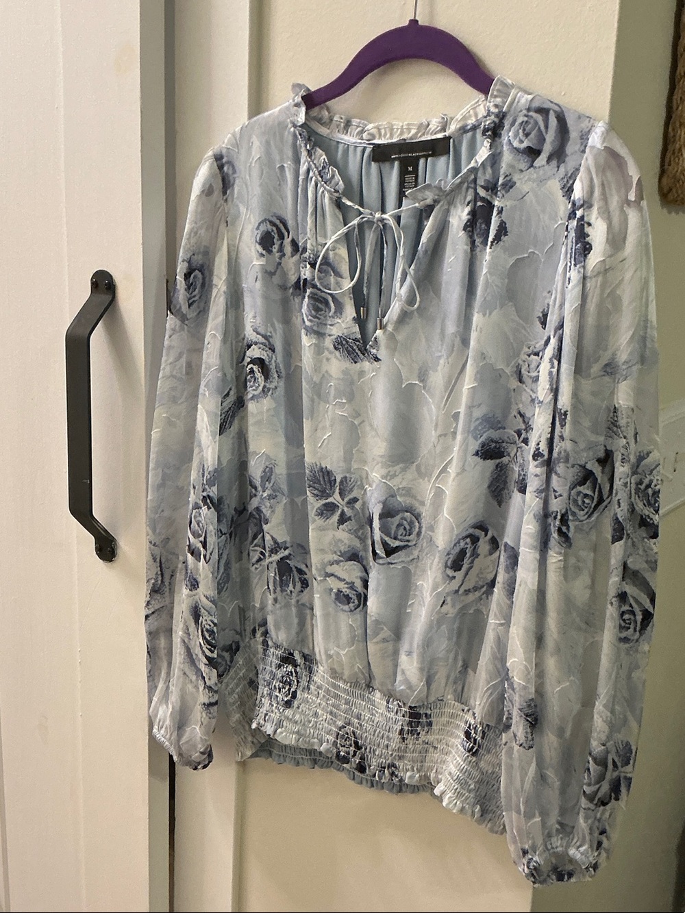White House Black Market Light Blue Floral Tie-Neck Blouse